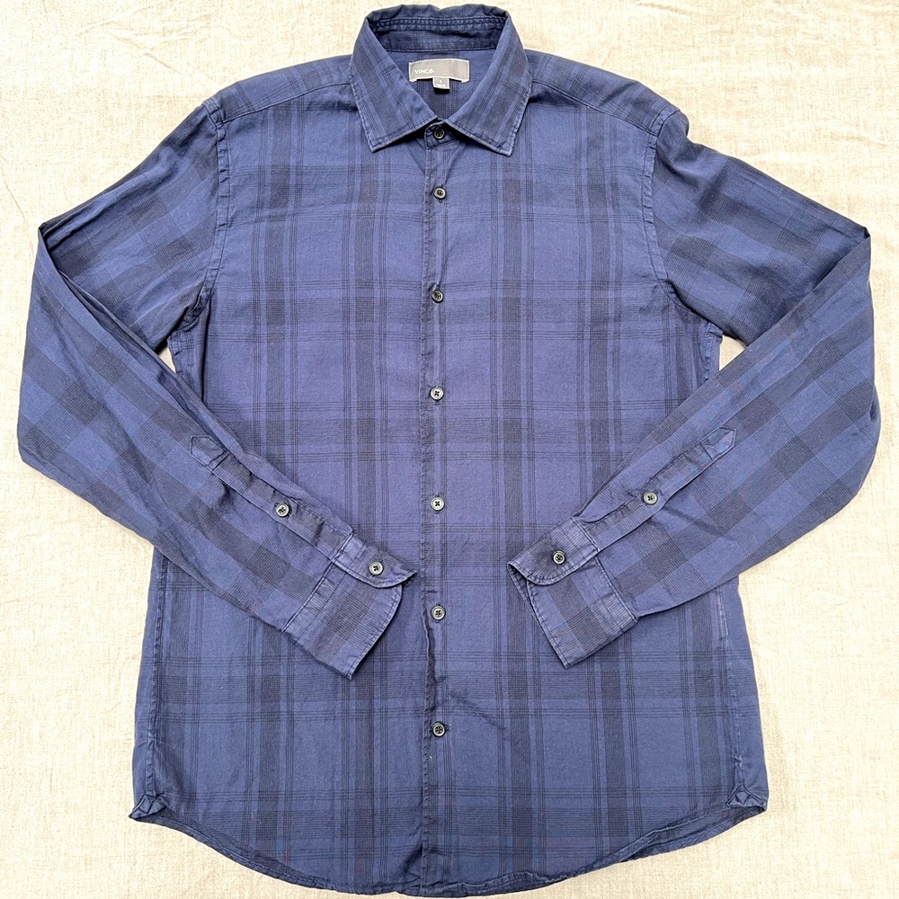 blue and black vince long sleeve plaid button up